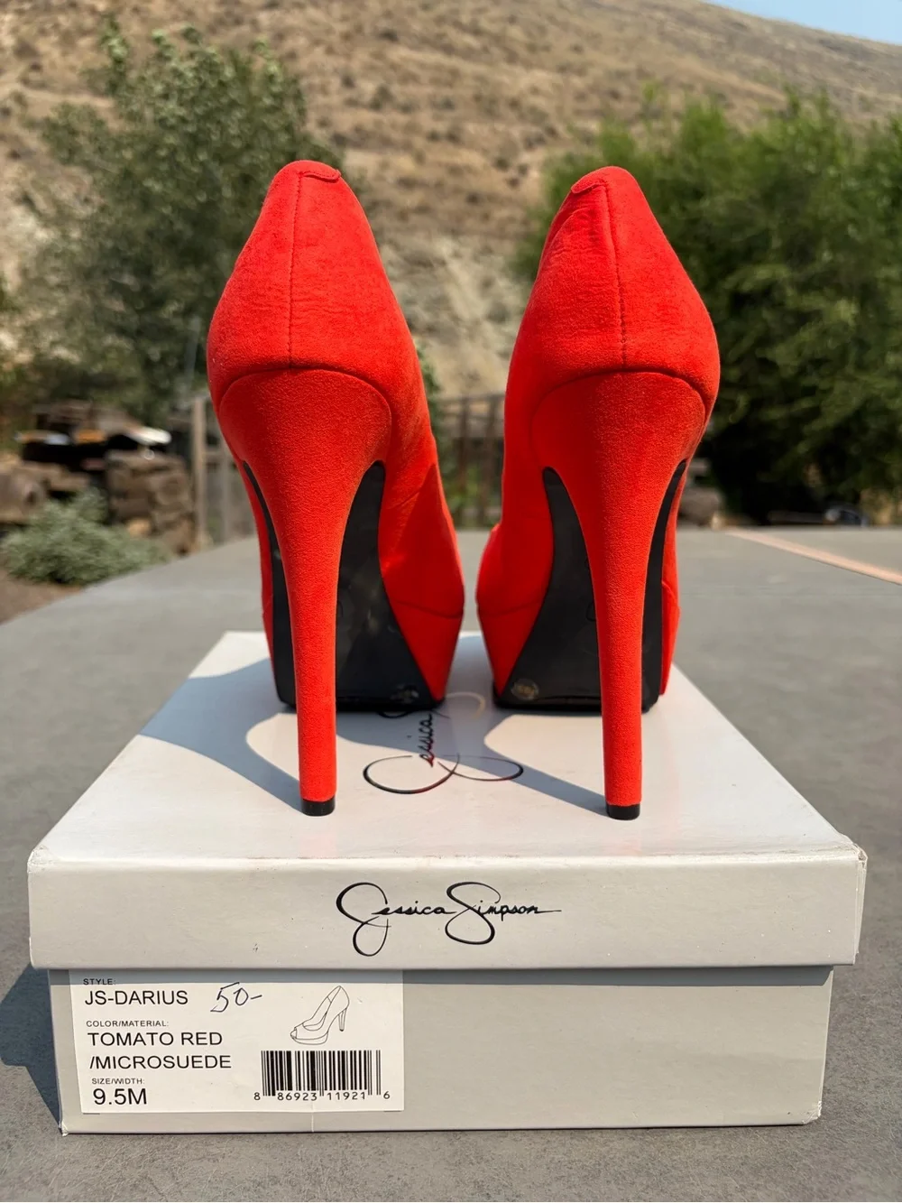 Jessica Simpson Tomato Red Microsuede Peep-Toe Platform Pumps